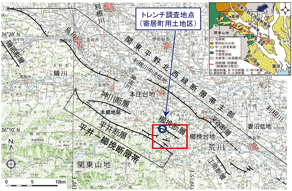 関東平野北西縁断層帯を構成する断層帯及び断層とトレンチ調査地点を表した地図